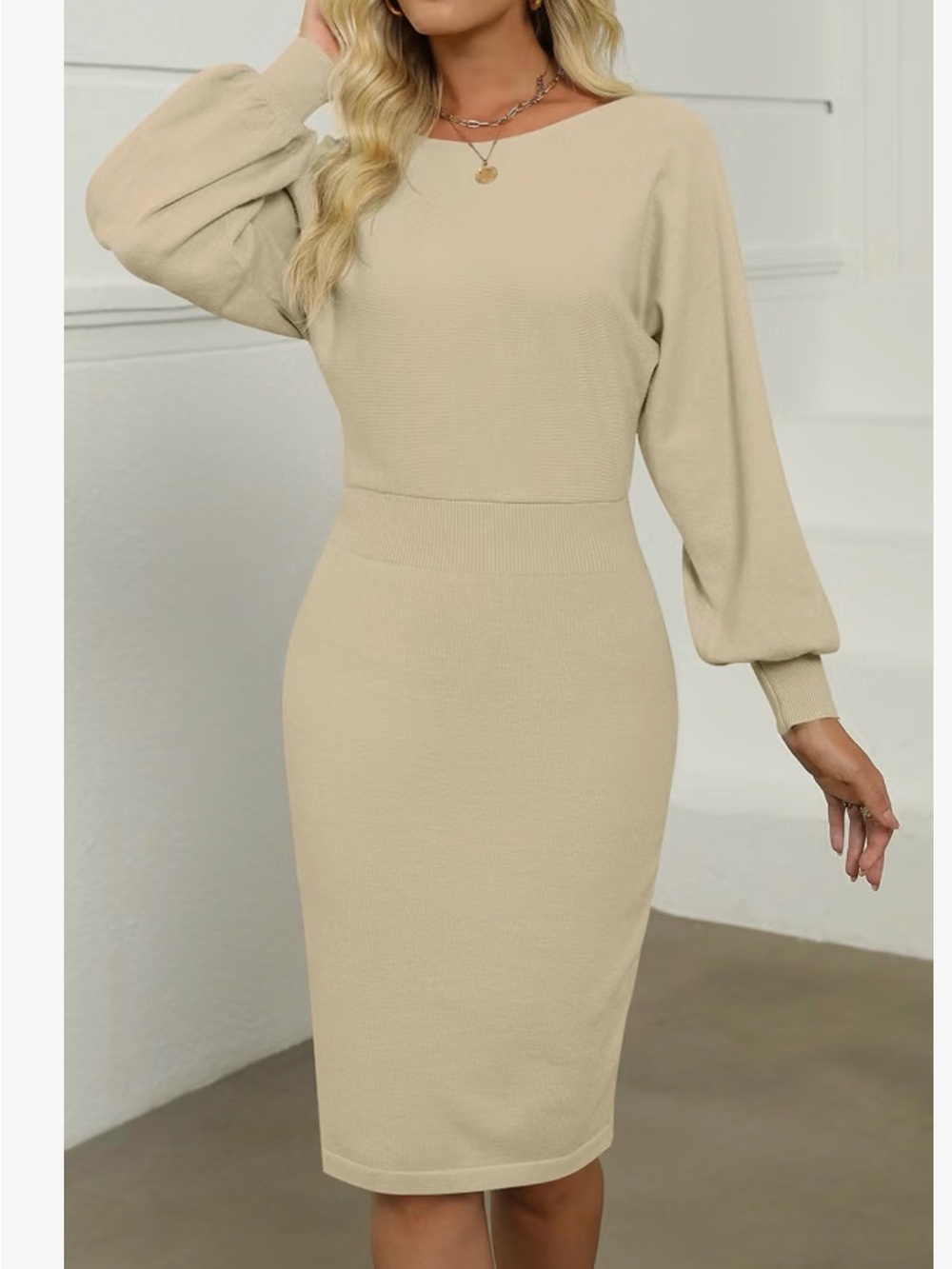 MIROL Women’s Apricot Knit Midi Dress – Size Medium